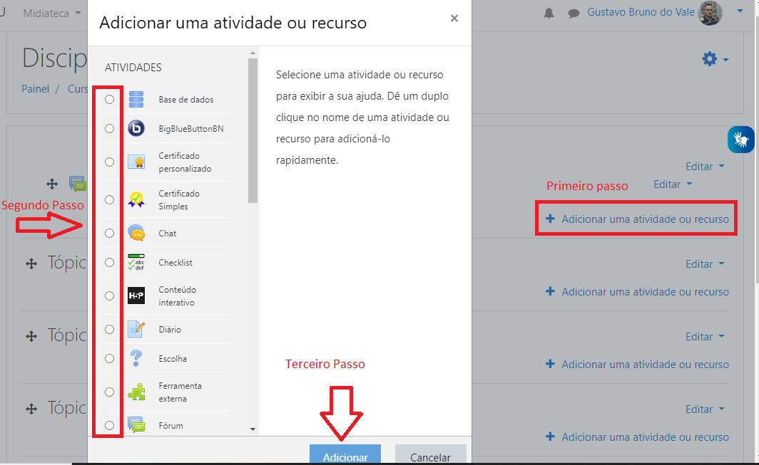Print para adicionar recursos e atividades
